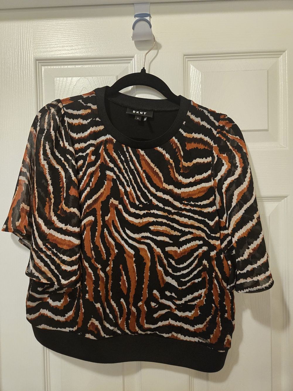 DKNY Black, White & Brown Zebra-Stripe Short Sleeve Blouse
